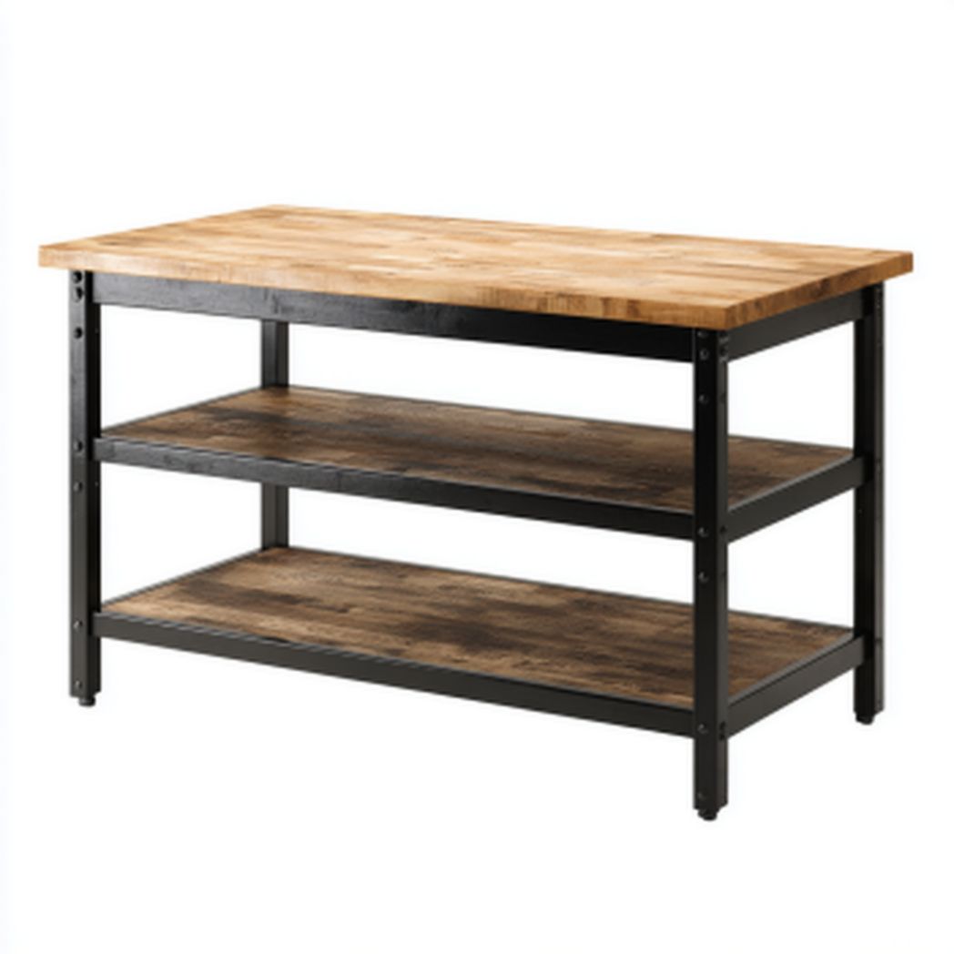 Wooden top kitchen island with metal frame and two shelves 120 x 60 x 75cm