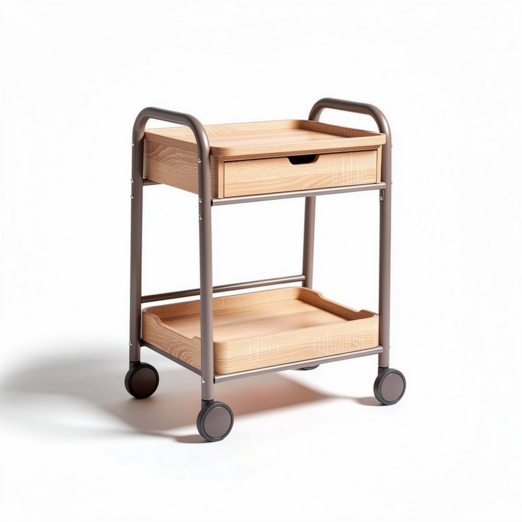 Wooden rolling cart with drawer and tray 60 x 40 x 75cm for storage and organization