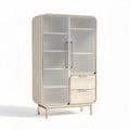 Glass door storage cabinet with wooden frame and two drawers 80 x 40 x 150cm