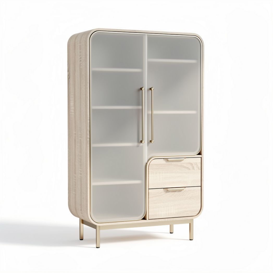 Glass door storage cabinet with wooden frame and two drawers 80 x 40 x 150cm