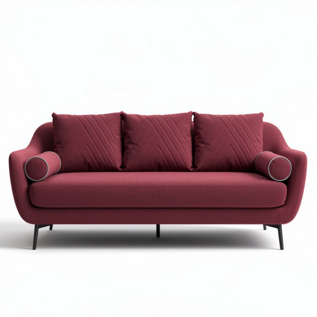 Fabric sofa in burgundy with three cushions and curved arms 200 x 85 x 85cm