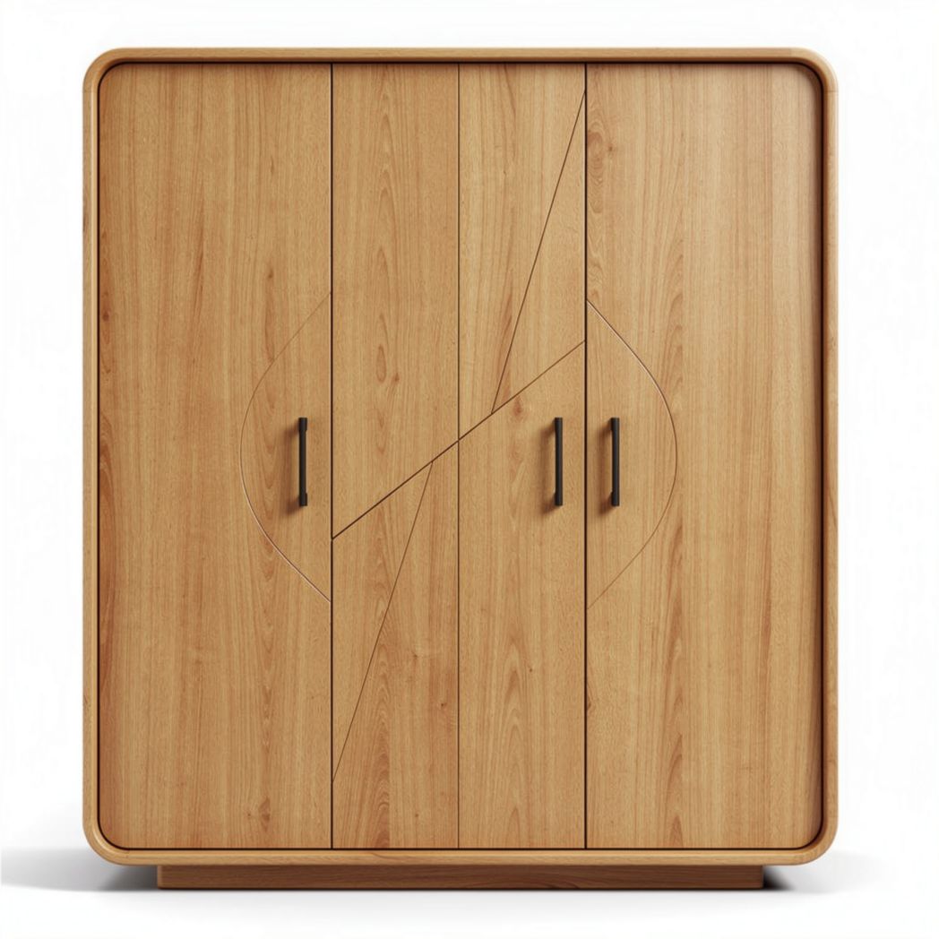 Wooden wardrobe with decorative design and four doors in natural finish