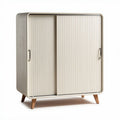 Sliding door storage cabinet in beige with wooden legs 80 x 40 x 100cm