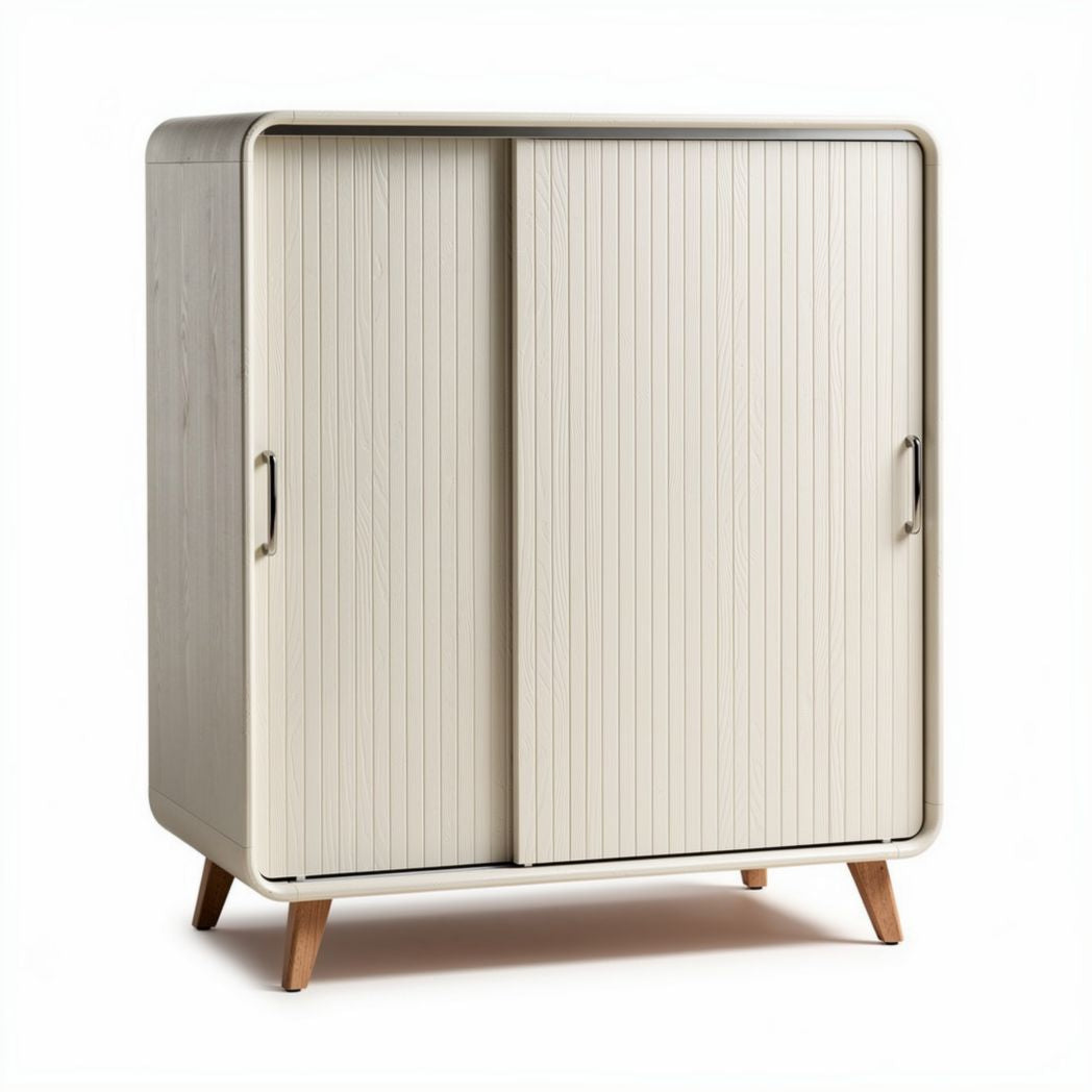 Sliding door storage cabinet in beige with wooden legs 80 x 40 x 100cm